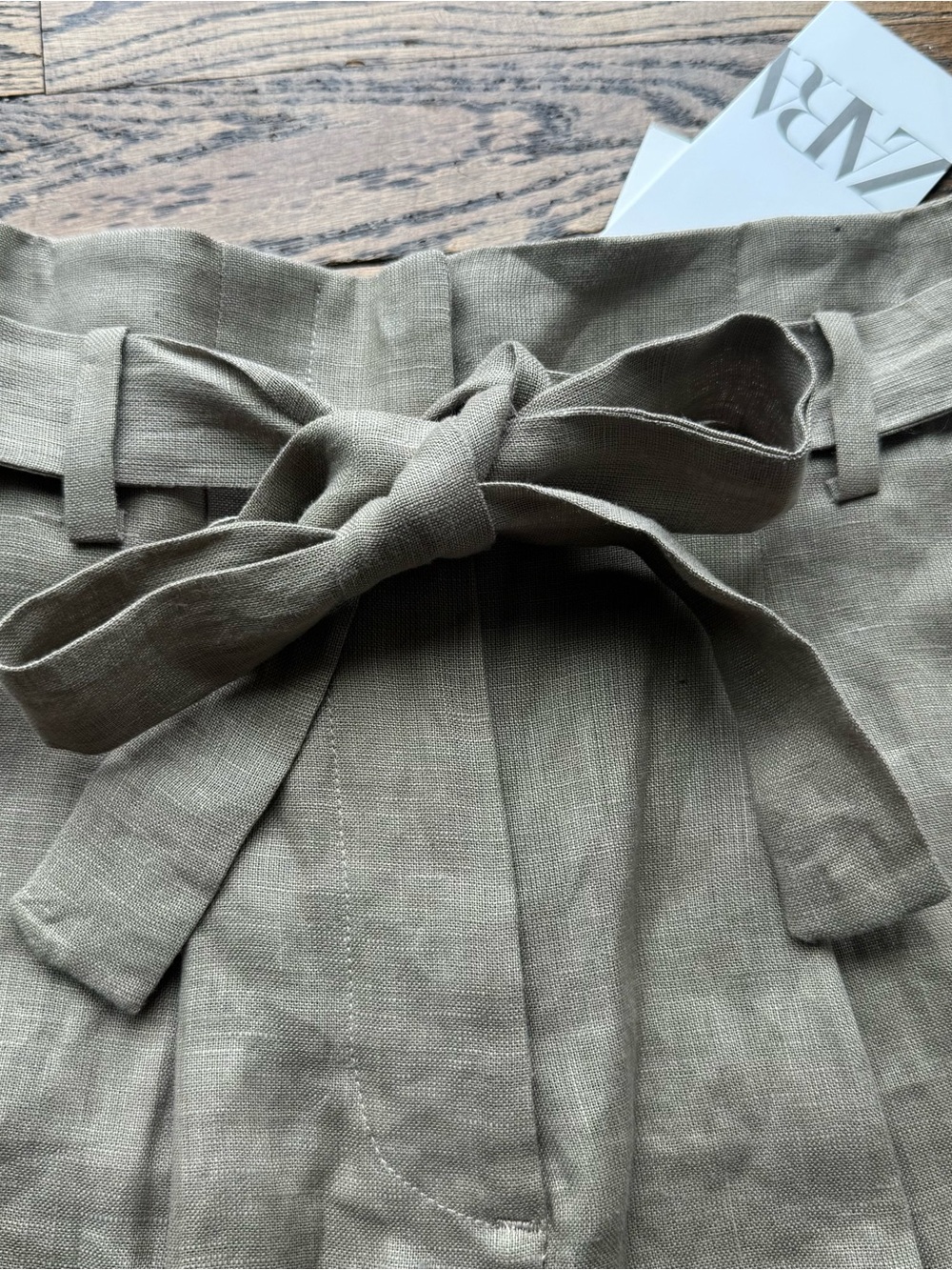 Zara 100% Linen NWT High Waist Linen Pleated Tie-Belt Shorts Taupe XS - Picture 5 of 10